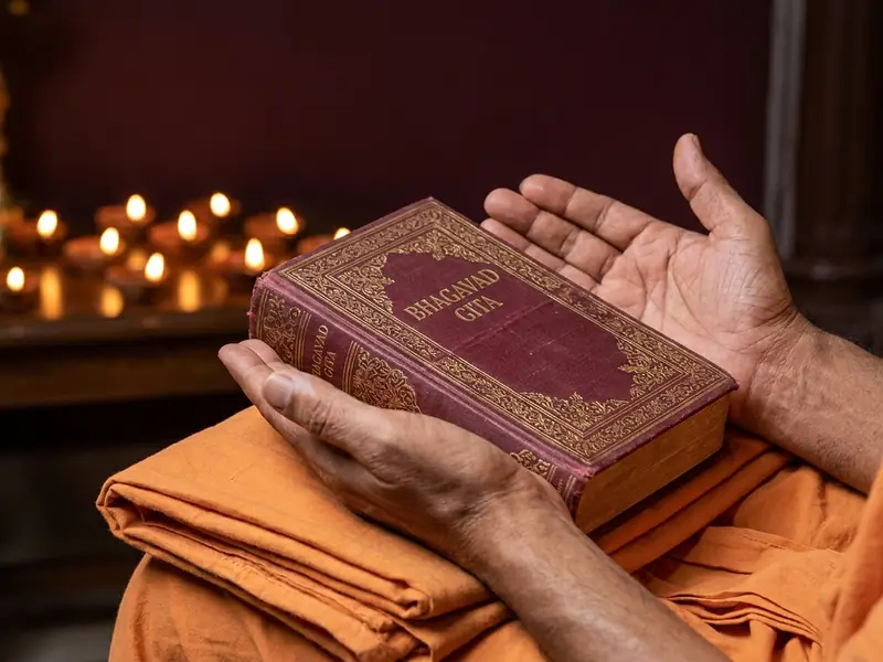 Hands respectfully offering an ornate Bhagavad Gita resting on saffron cloth, with oil lamps glowing behind